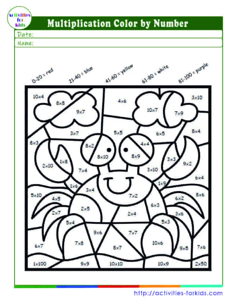Free Fun Multiplication Color By Number Free Worksheet for Kids Part 5