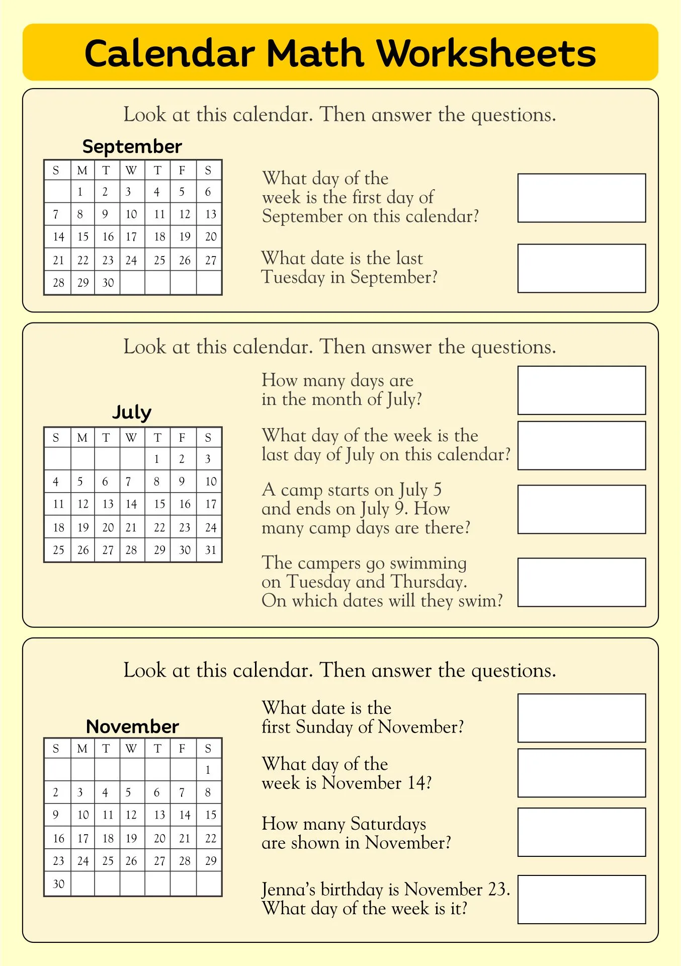 Atividade de Printable Calendar Math For Morning Work - Folha 1