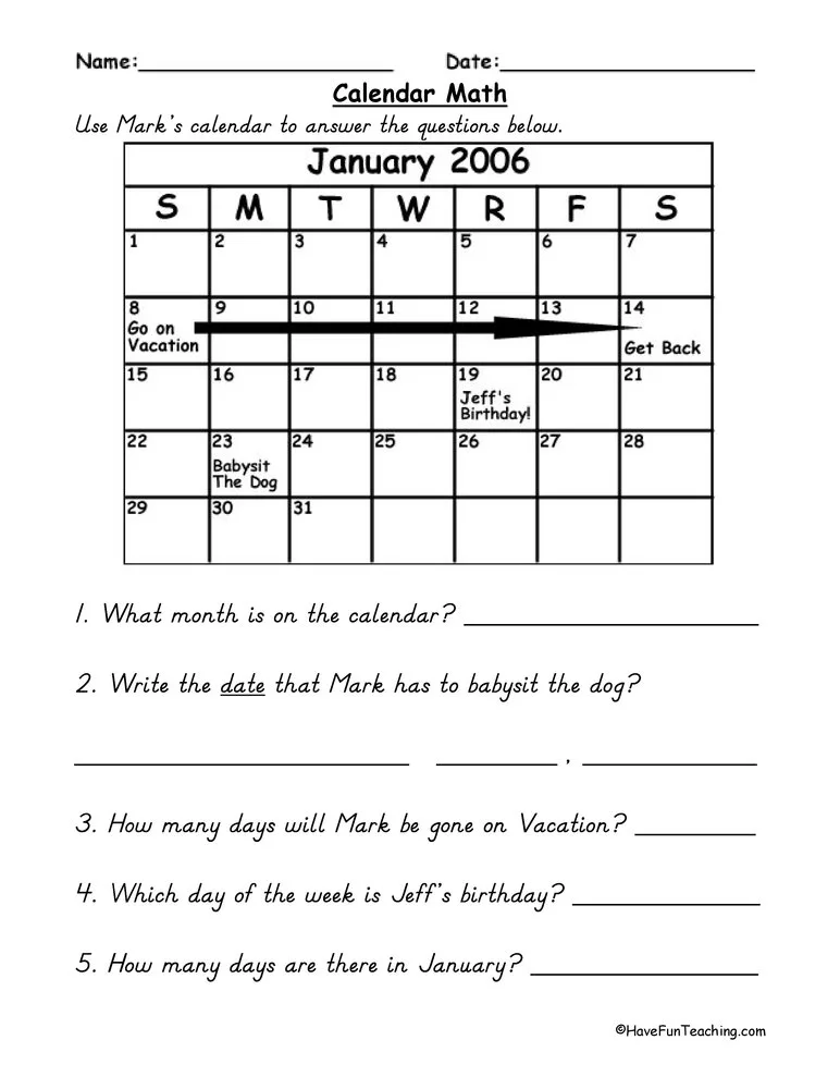 Atividade de Printable Calendar Math For Morning Work - Folha 6