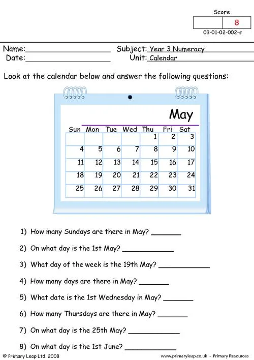 Atividade de Printable Calendar Math For Morning Work - Folha 9