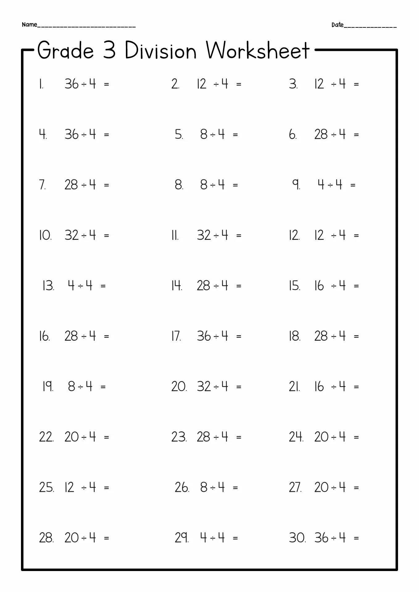 Atividade de Printable Division Practice Sheets 3rd Grade - Folha 1