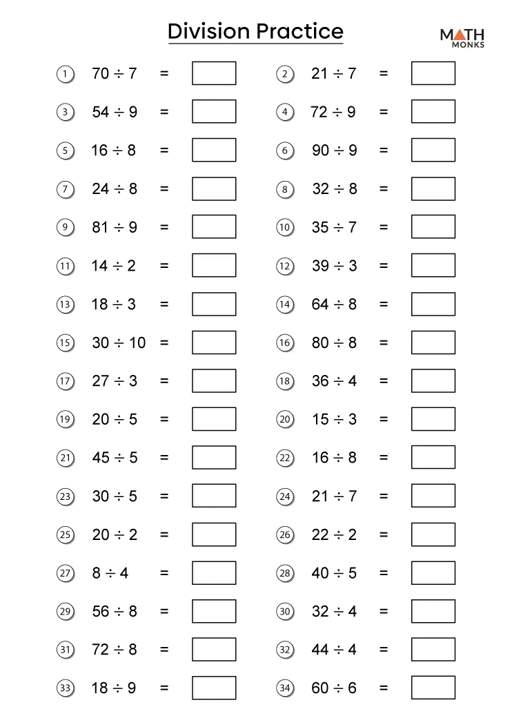 Atividade de Printable Division Practice Sheets 3rd Grade - Folha 3