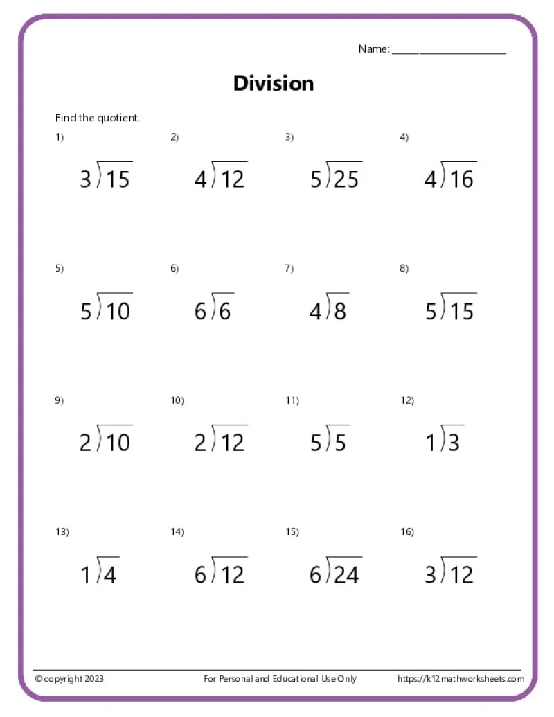 Atividade de Printable Division Practice Sheets 3rd Grade - Folha 4