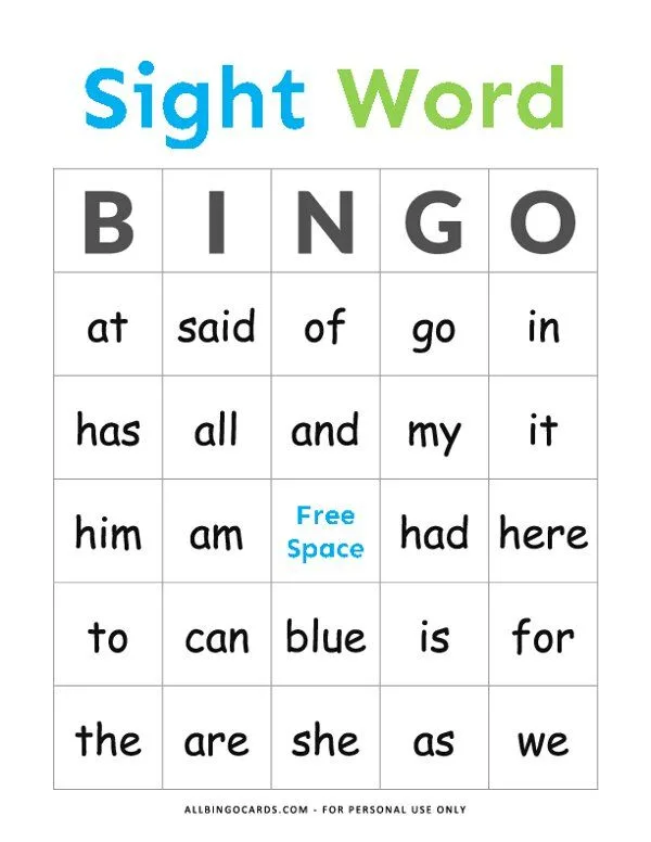 Atividade de Sight Word Bingo Cards Free Printable - Folha 19