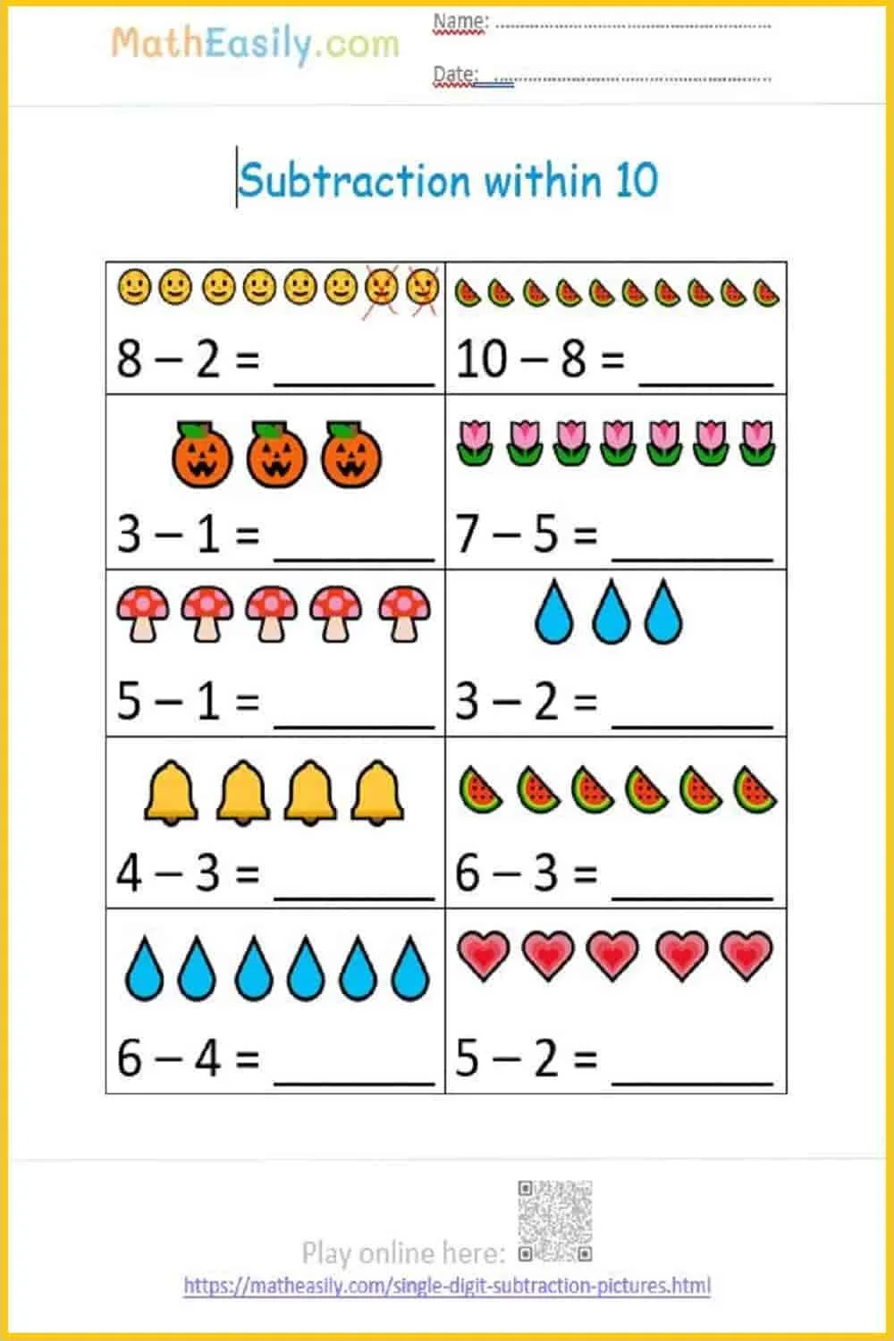 Atividade de Subtraction Worksheets For Kindergarten Pdf - Folha 2