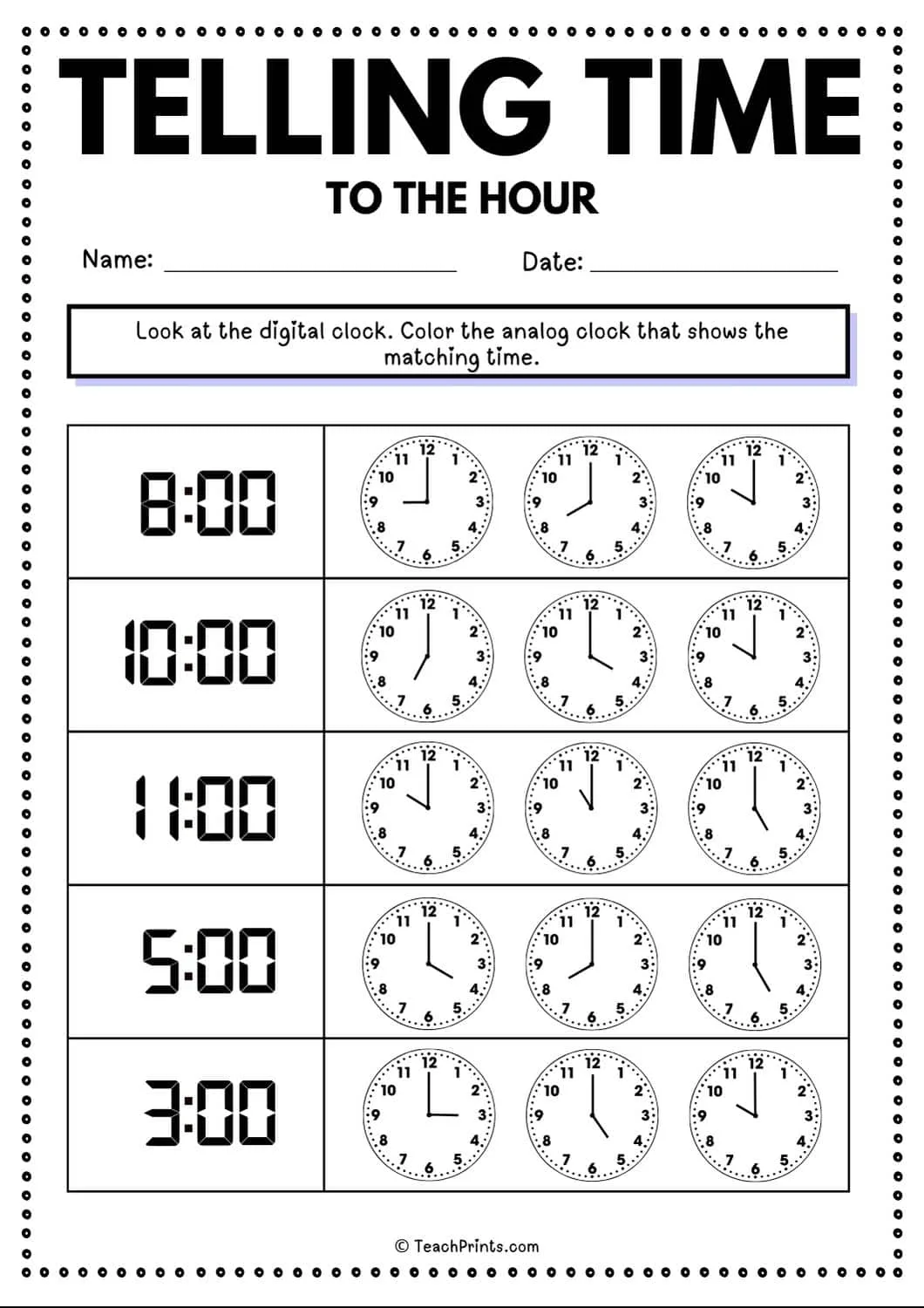 Atividade de Telling Time Clock Faces Printable Free - Folha 10