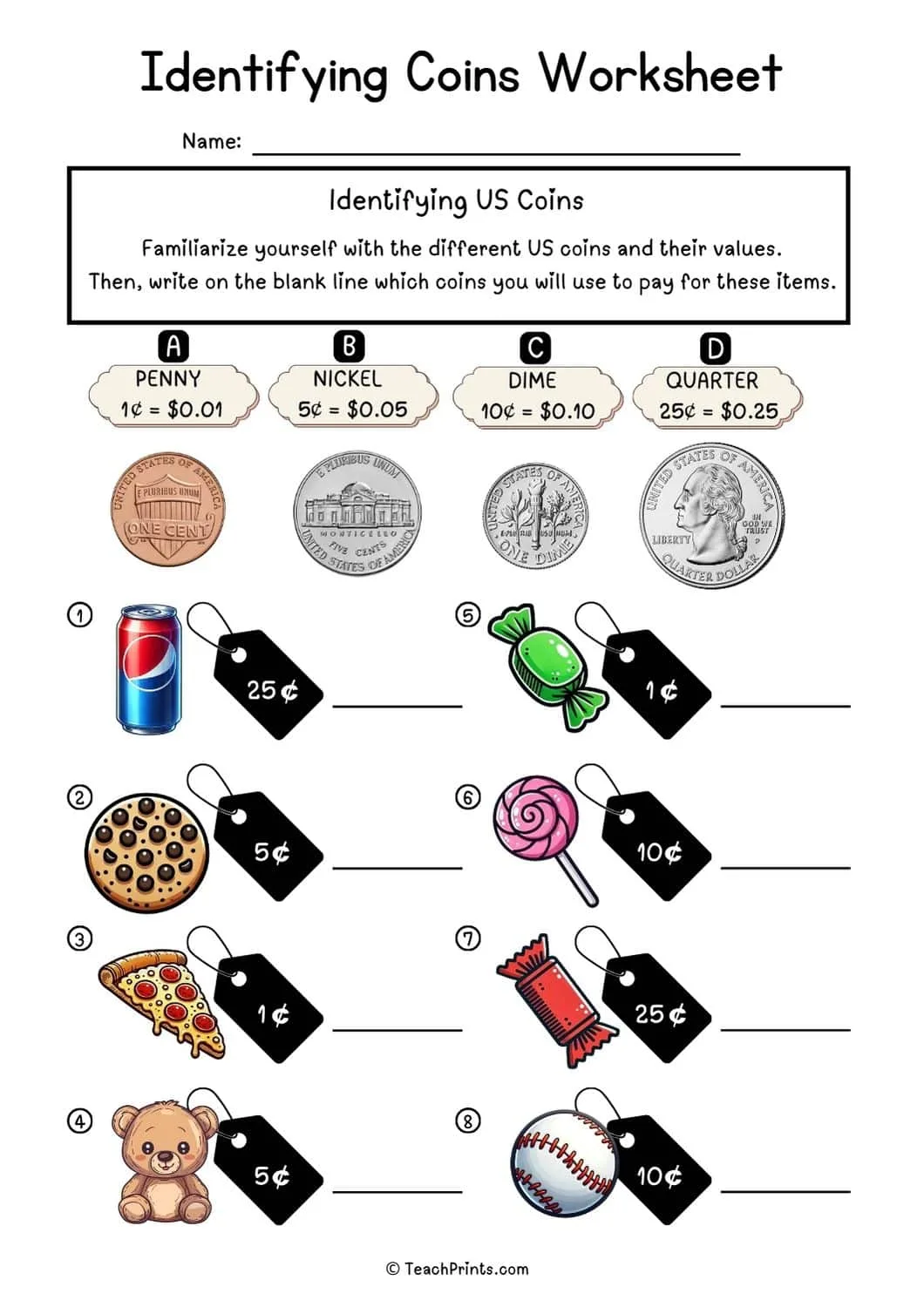 Atividade de Us Coins And Bills Recognition Printables - Folha 1
