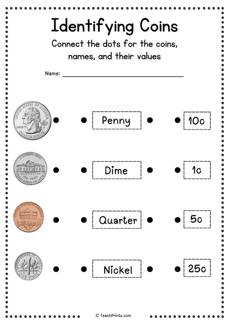 Atividade de Us Coins And Bills Recognition Printables - Folha 2