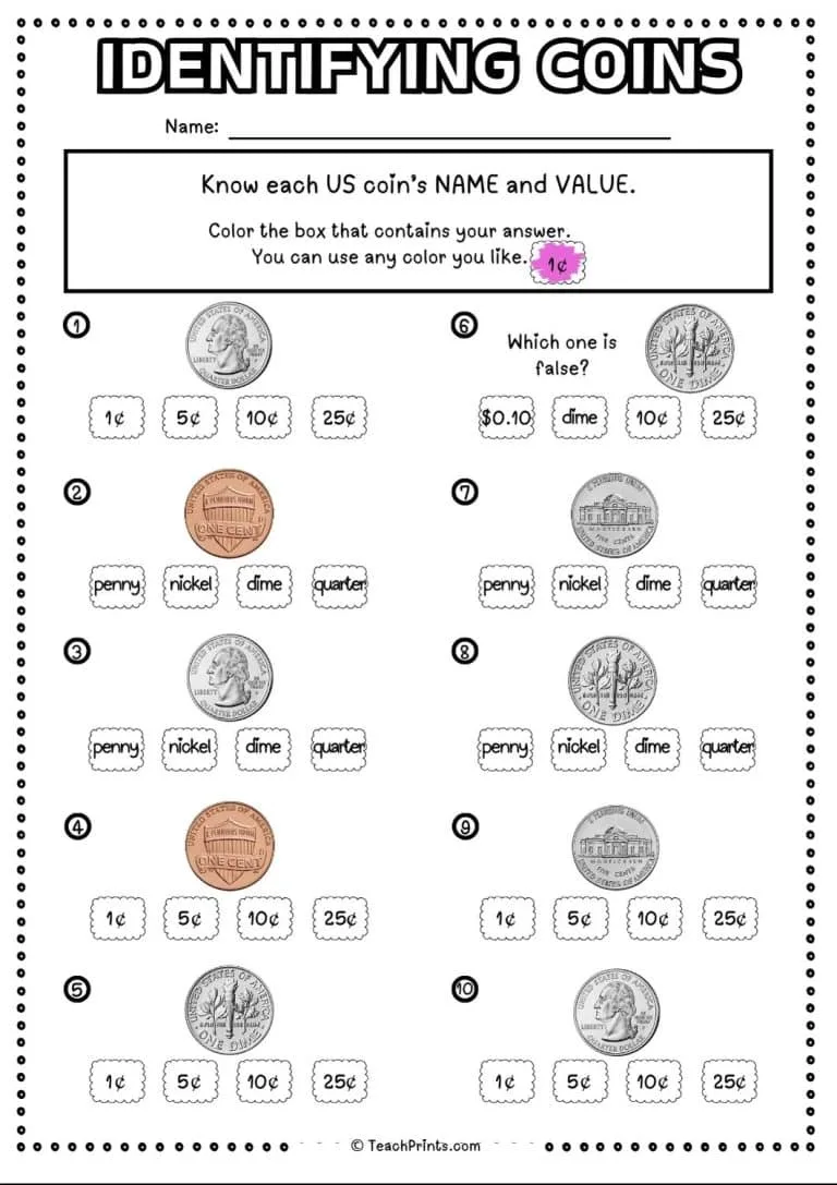 Atividade de Us Coins And Bills Recognition Printables - Folha 16